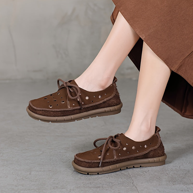 Women's Leather Loafers with Perforated Design and Rubber Sole Brown Summer Casual Shoes
