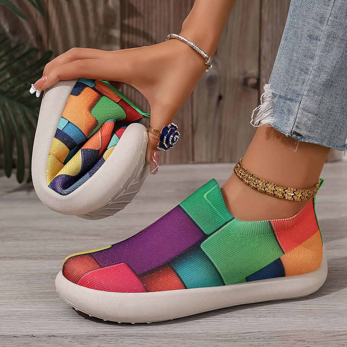 Women's Colorful Geometric Slip-On Sneakers Breathable Mesh Casual Shoes