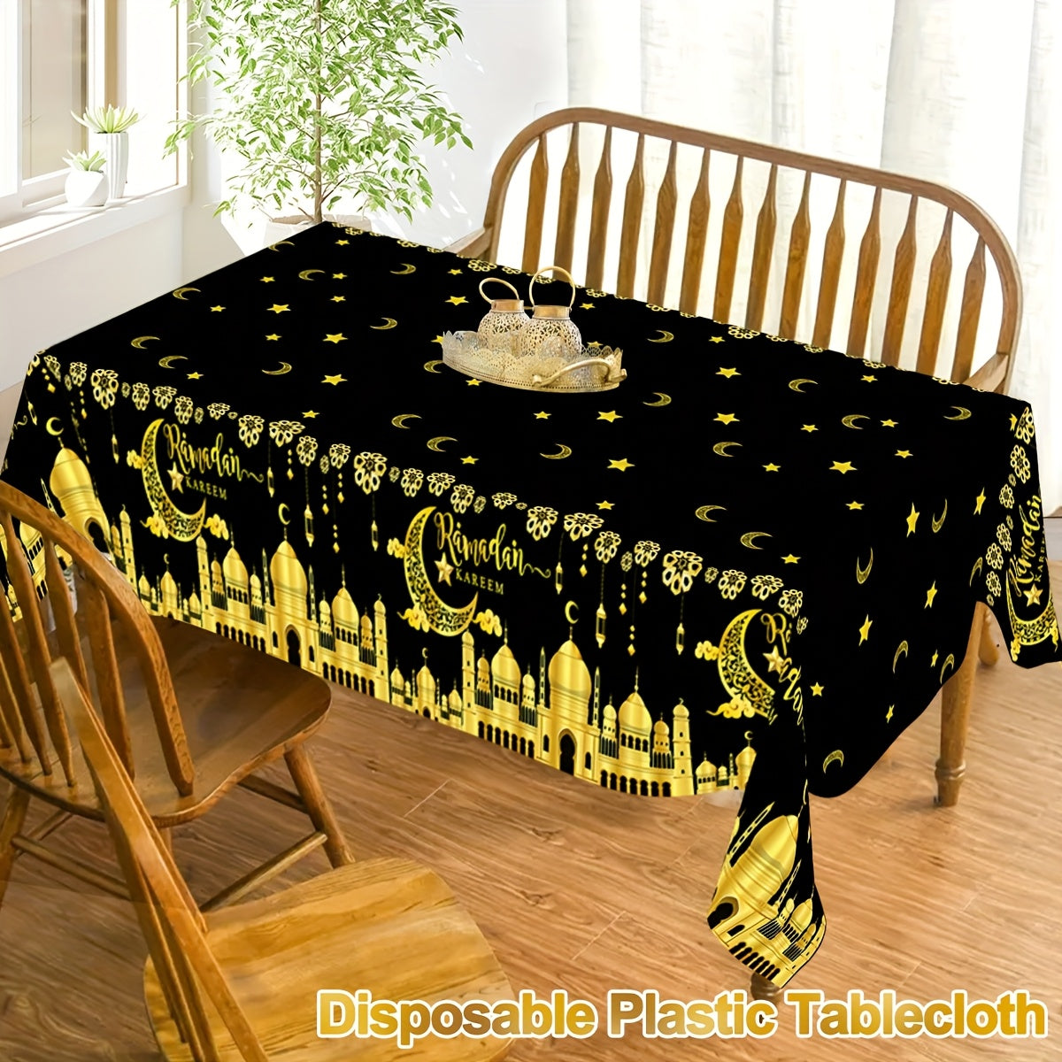 Black and White Plastic Eid Mubarak Tablecloth with Castle Moon and Star Lantern Design for Ramadan and Eid