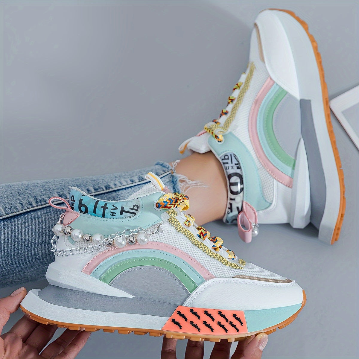 Women's Sneakers with Sparkling Bead Chain Breathable Mesh Lace-Up All-Season Mid Top