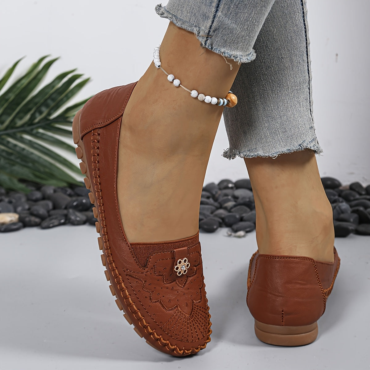 Women's White Embroidered Slip-On Loafers with Gold Accents