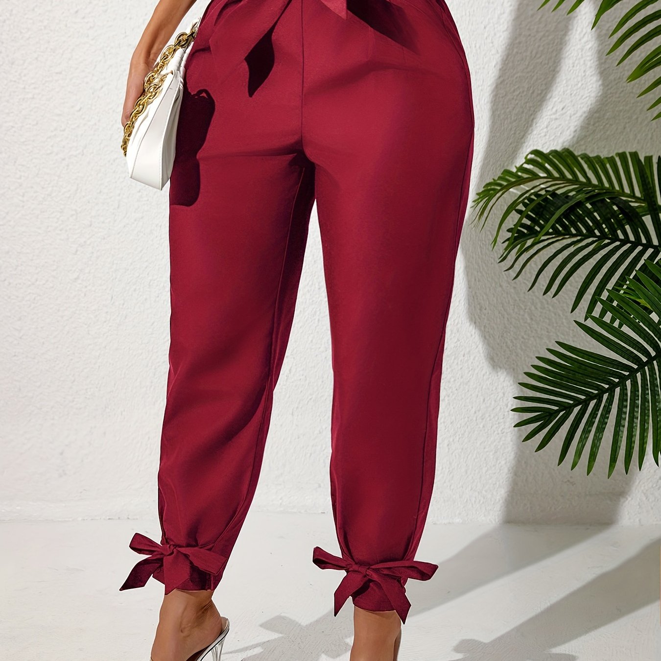 Plus Size Solid Straight Leg Pants with Elastic Drawstring Waist and Bow Detail for Spring and Summer