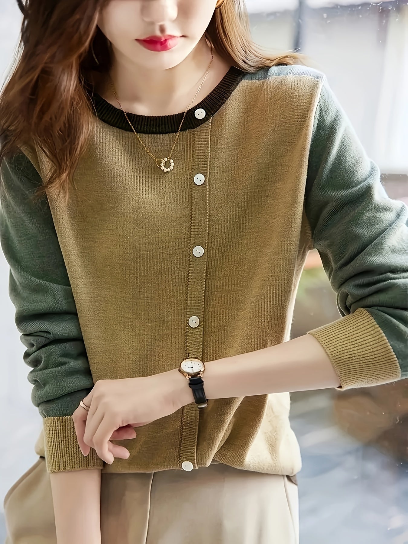 Plus Size Women Color Block Crew Neck Sweater Long Sleeve Knitted Pullover