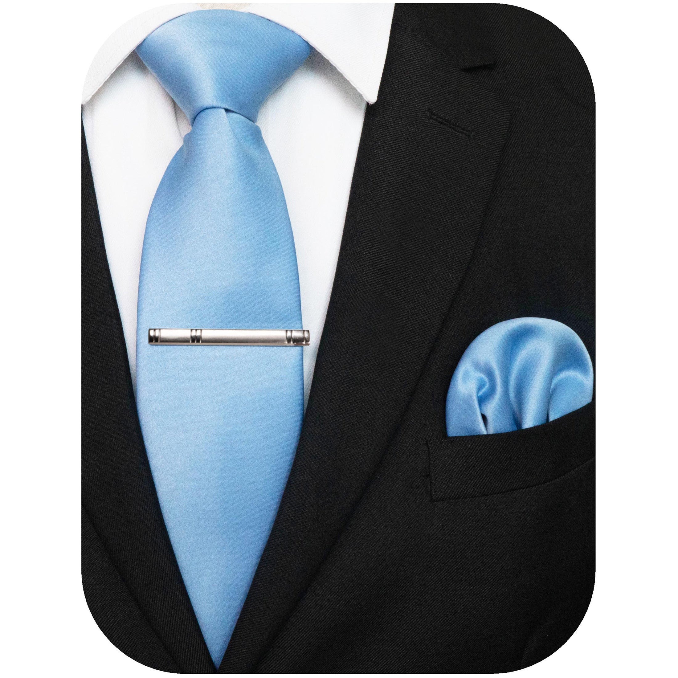 Men's Solid Color Tie and Pocket Square Set with Tie Clip for Business and Wedding