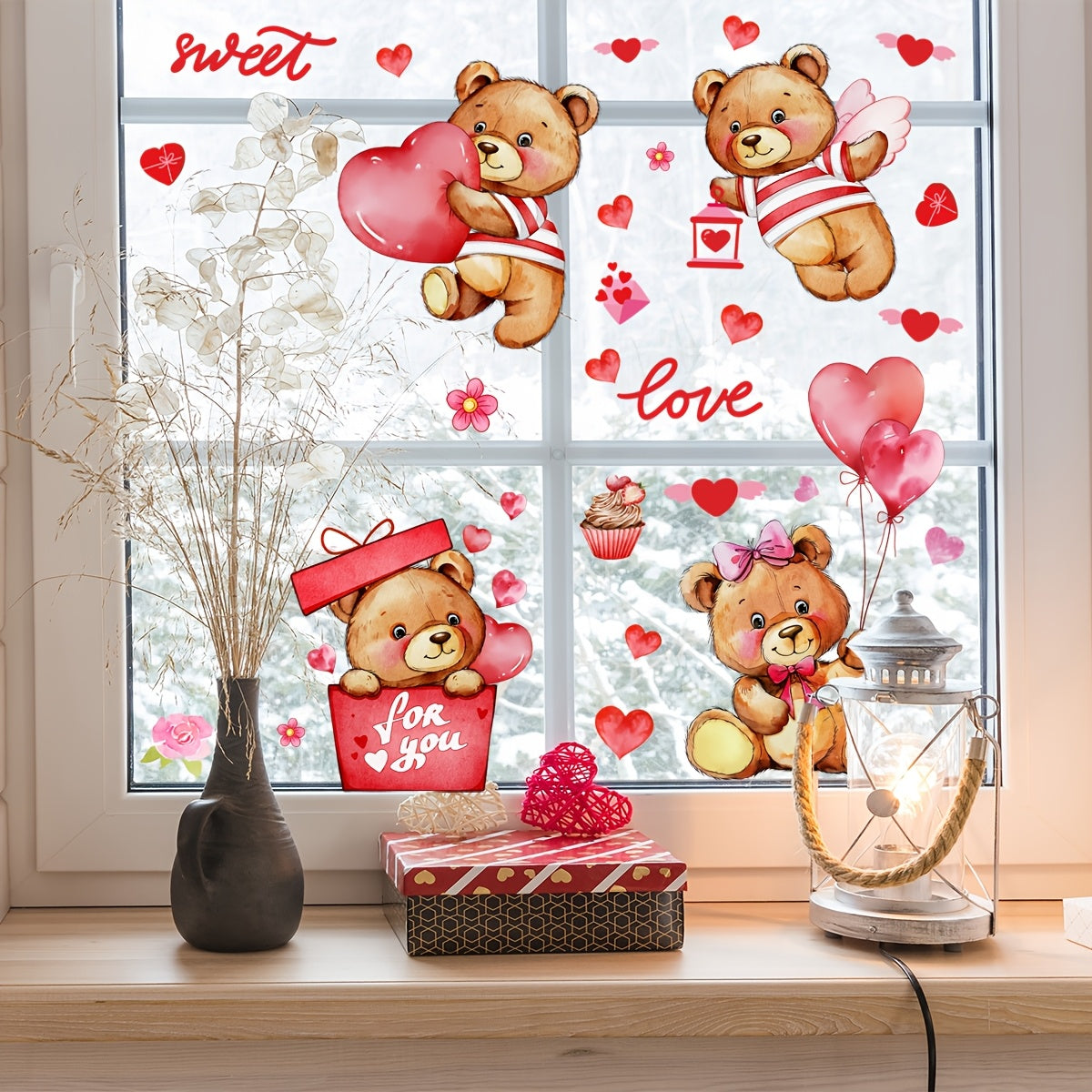 Valentine's Day Teddy Bear Heart Balloons Window Stickers 2 Sheets Reusable PVC