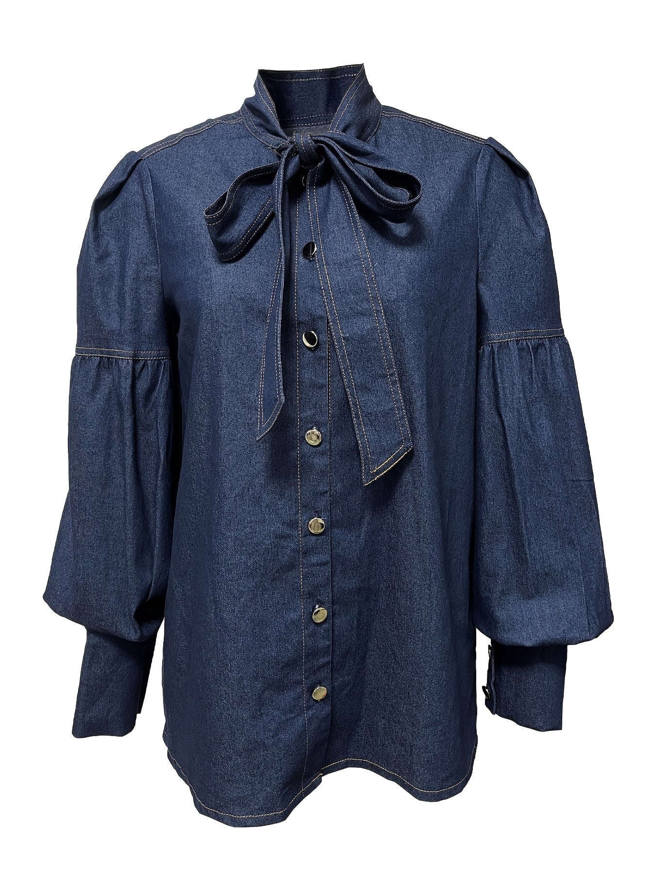 Ayollar uchun denim bluzka, qora ko'k paxta spandeks bilan bow tie lantern qo'llari bilan