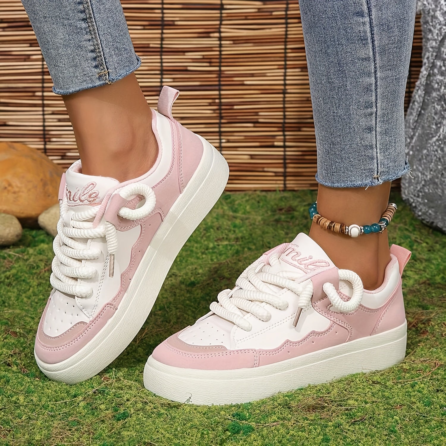 Zapatillas transpirables de malla para mujer blancas y rosas, calzado casual de caña baja