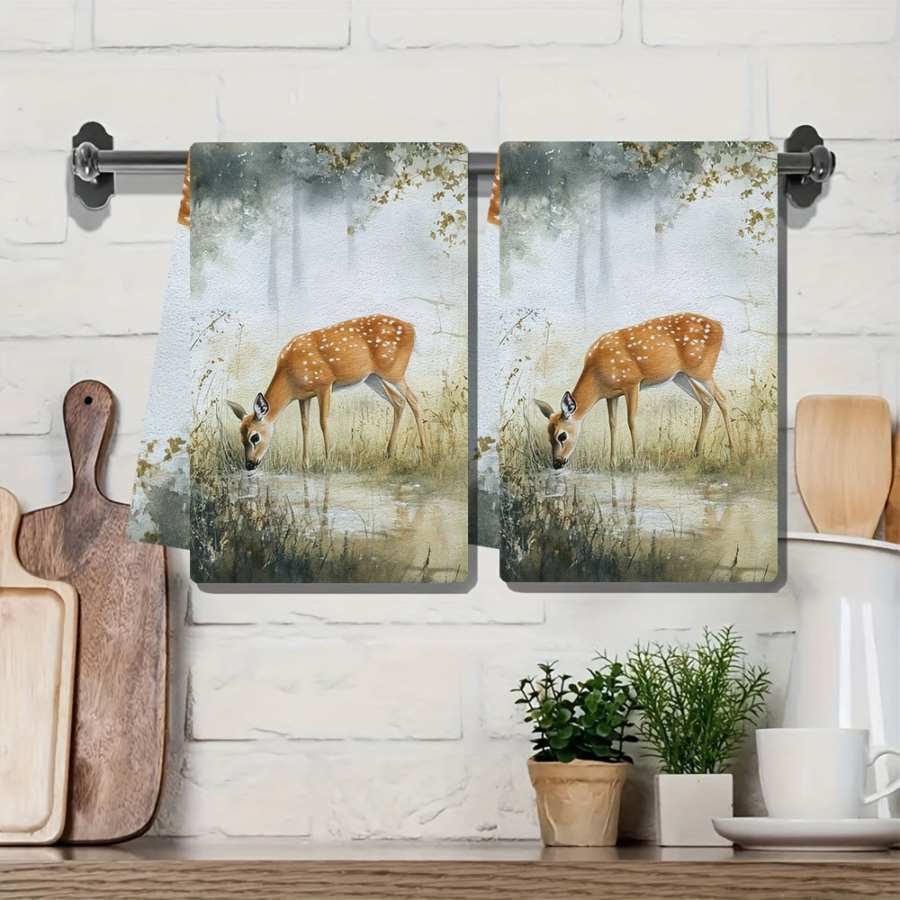 Set of 2 Ultra Soft Kitchen Towels Deer Grazing Scene 40x60cm Absorbent