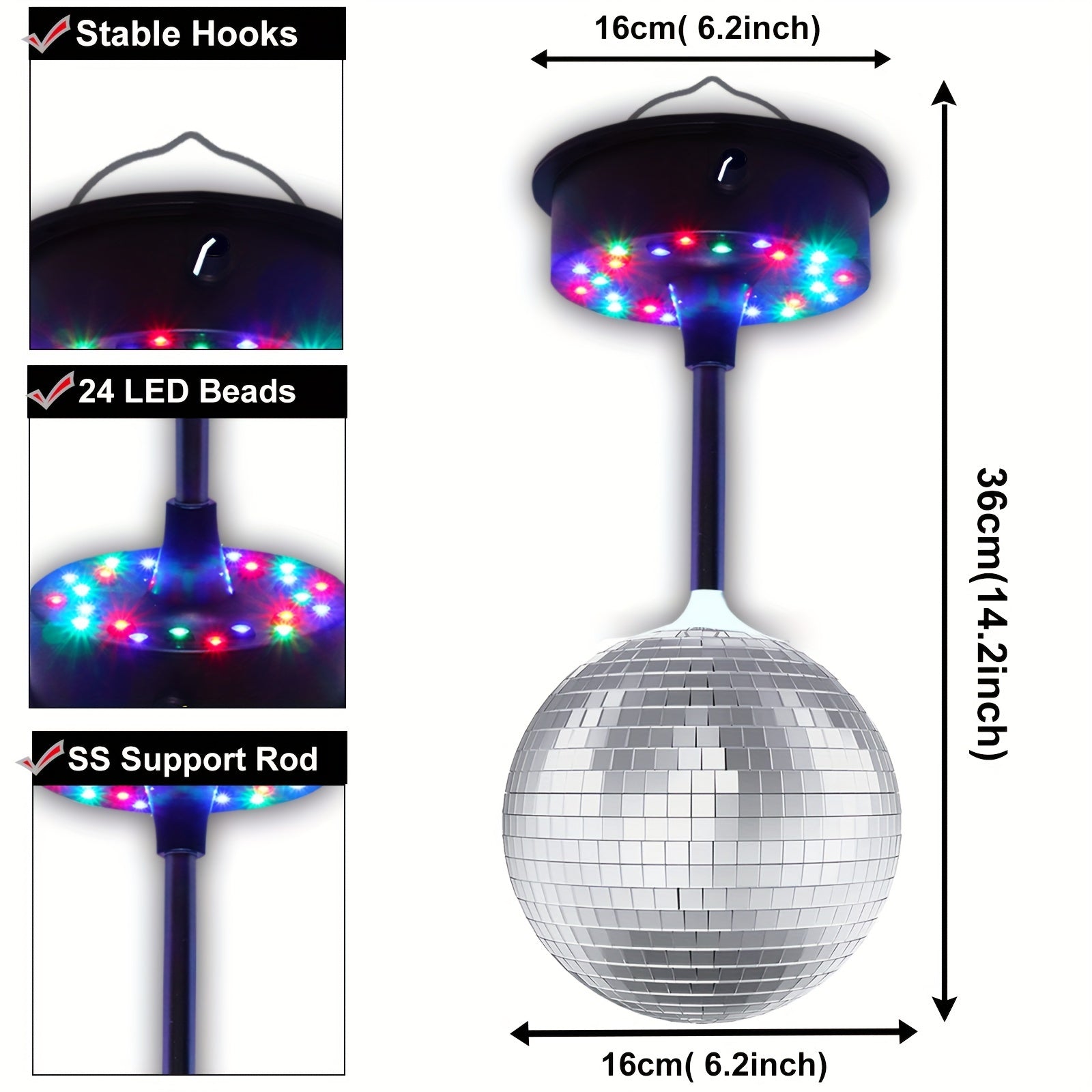 Luz de bola de discoteca de 6 pulgadas RGB LED con rotación ajustable para fiestas y hogar