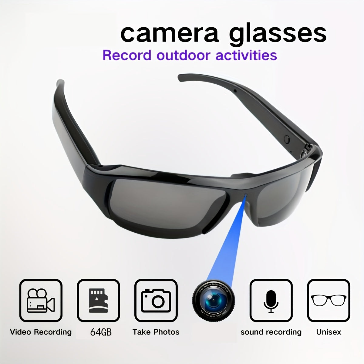 Gafas de vídeo HD para deportes y reuniones 1080P, ángulo amplio de 75°, memoria de 64GB incluida
