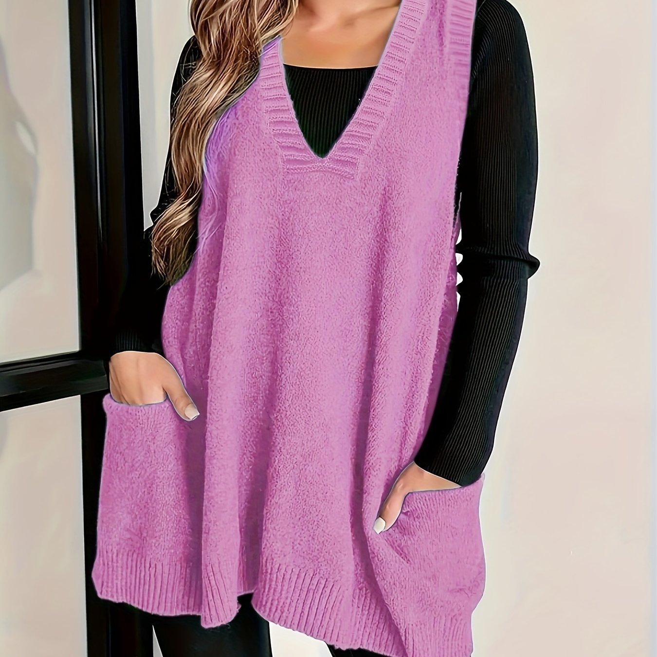 Plus Size Knitted Sweater Vest V-Neck Sleeveless Top Fall Winter Women
