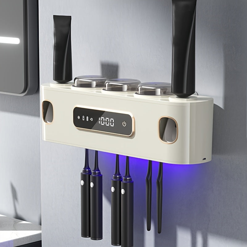 Black Wall-Mounted USB Rechargeable Smart Toothbrush Holder with Double Toothpaste Dispenser