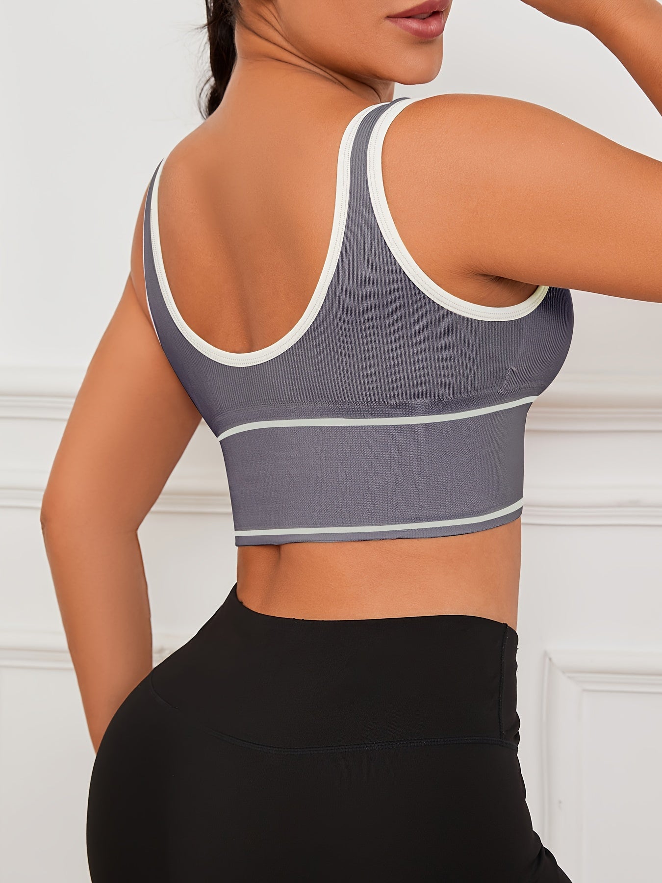 Women's High-Elasticity Ribbed Sports Bra Tank Top Olive Green Padded Wireless