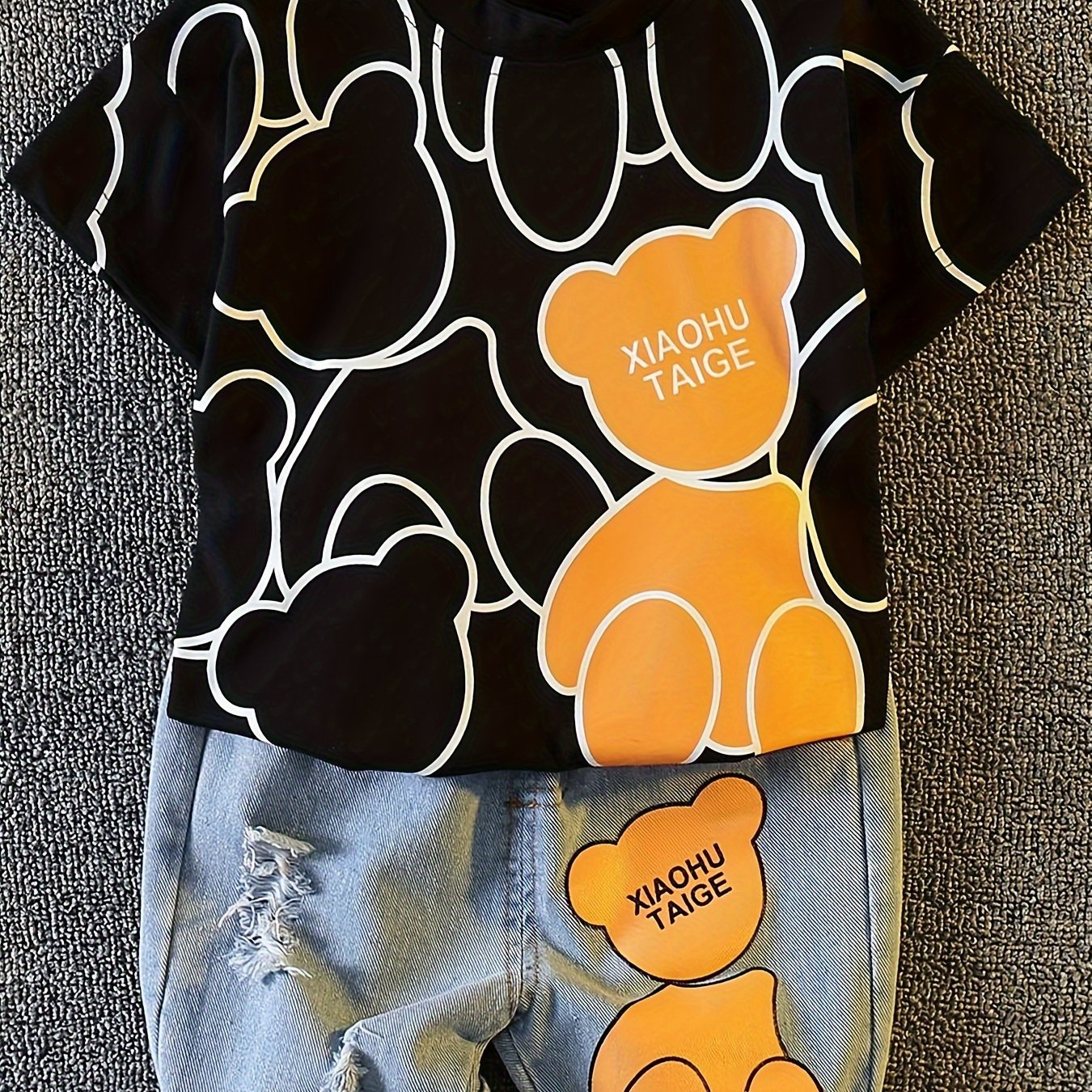Conjunto de camiseta de algodón con dibujo de oso y pantalones cortos de mezclilla para niños