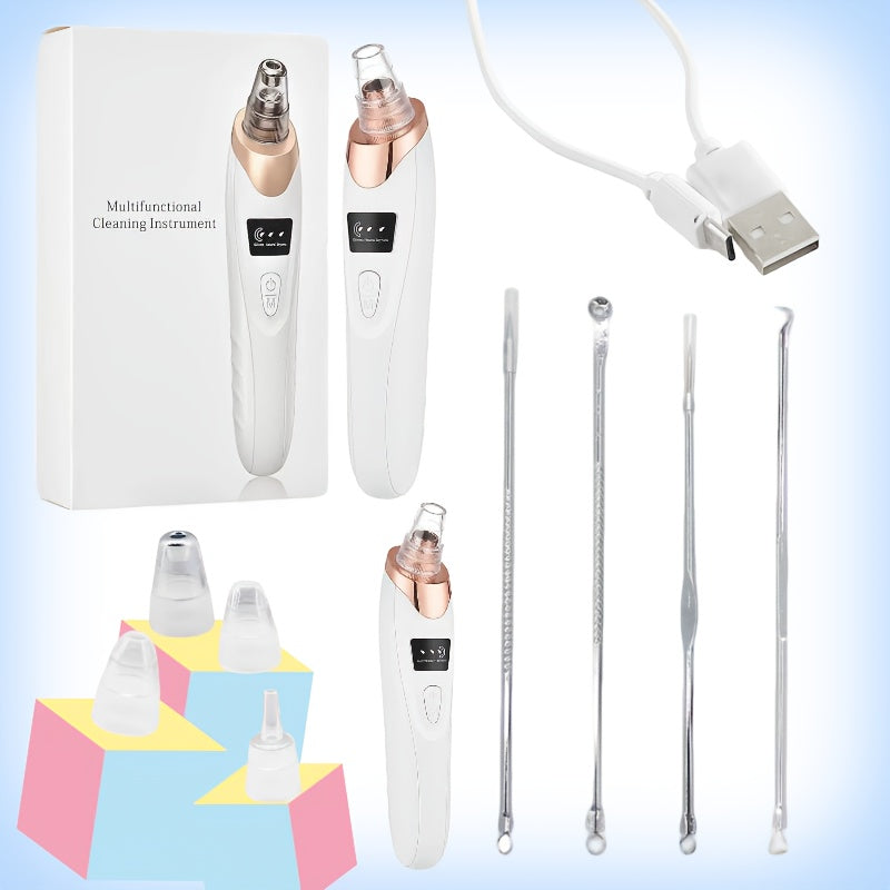 USB Rechargeable Blackhead Remover with 5 Replacement Heads for Facial Cleansing