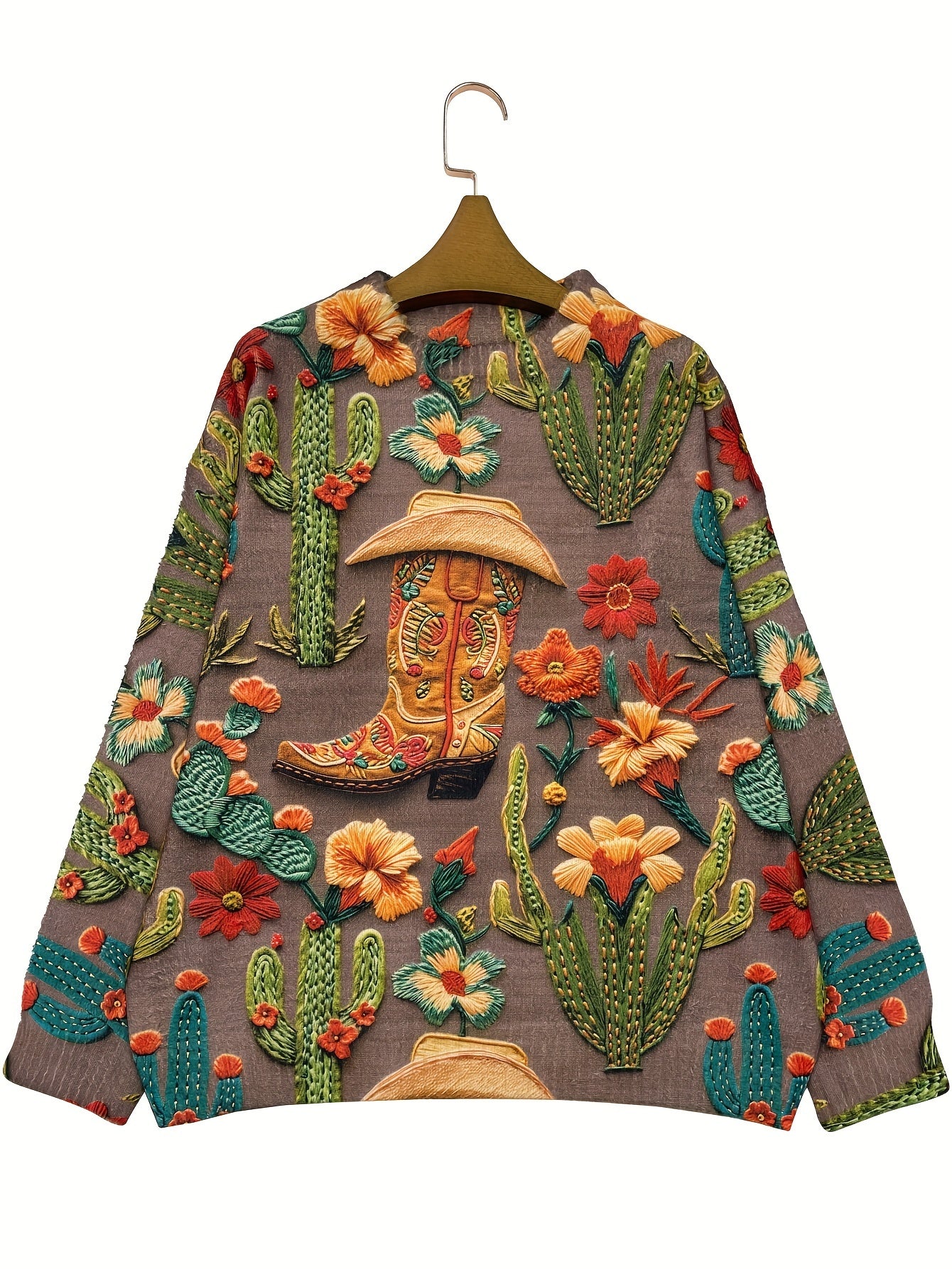 Plus Size Women's Western Cowboy Knit Sweater Cactus Floral Print