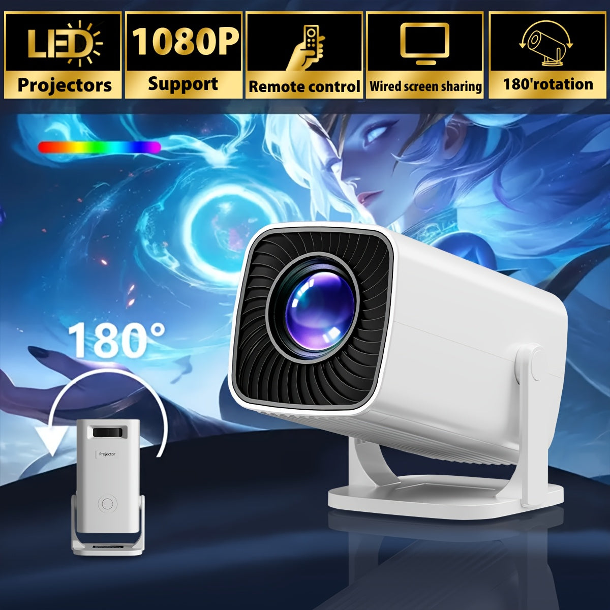 Portable 1080P Projector with 180° Adjustable Angle for Indoor Outdoor Use