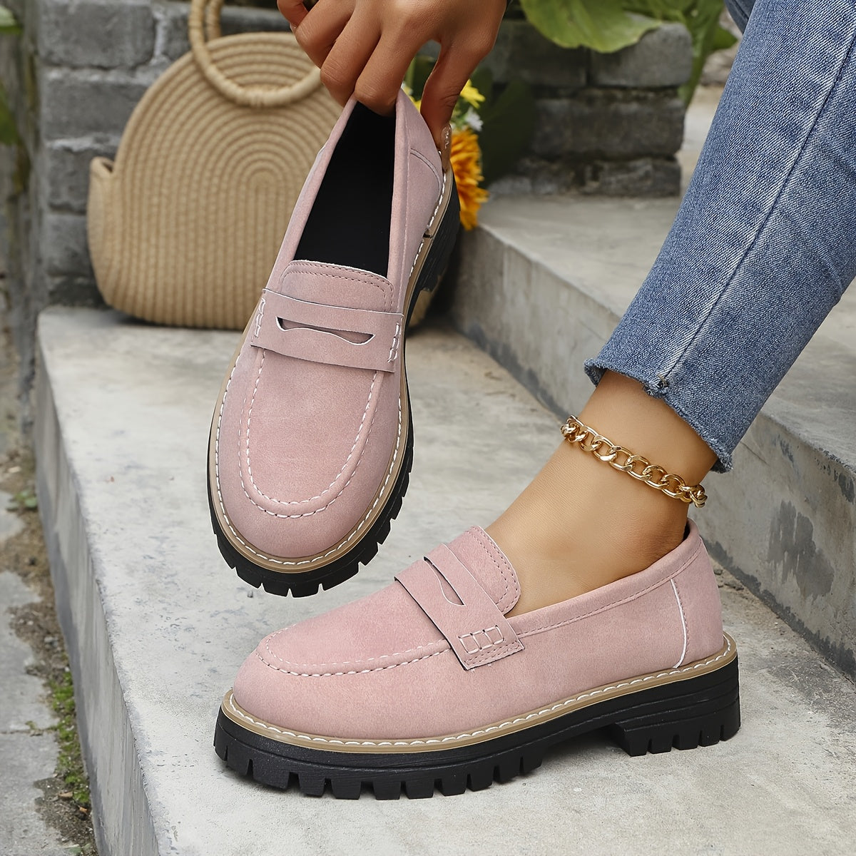 Women Vintage Penny Loafers Faux Leather Casual Slip-On Round Toe Durable EVA Sole