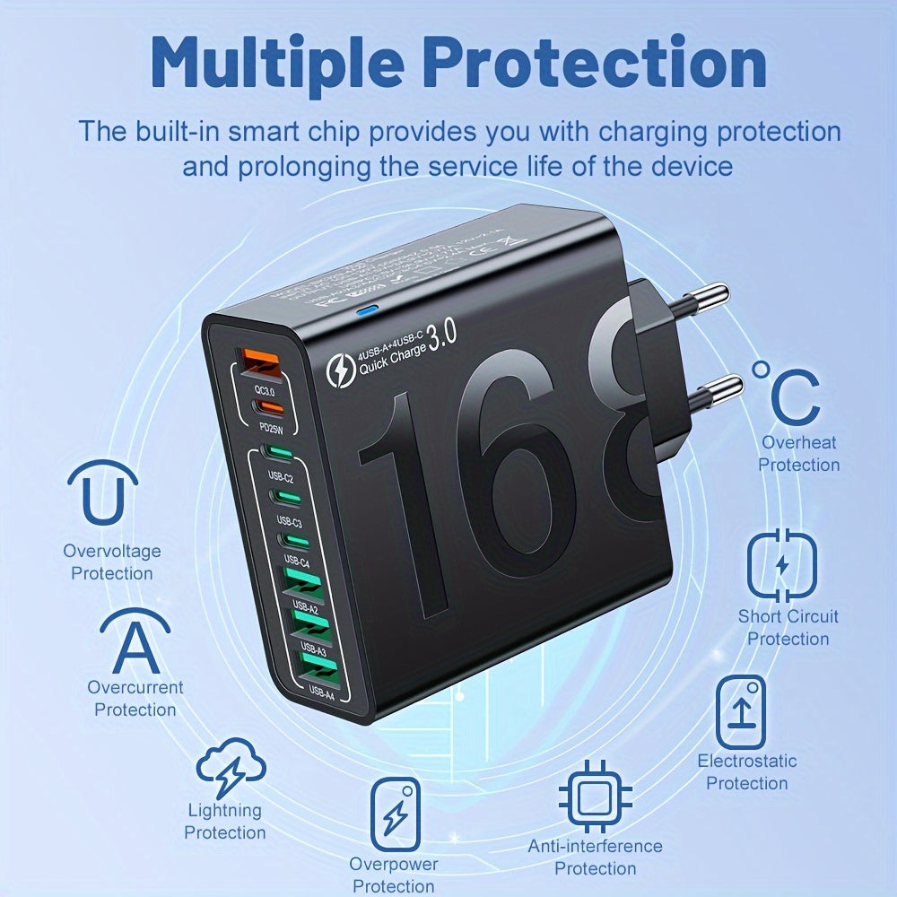 8-in-1 tez zaryadlash USB telefon zaryadkasi, 4 USB va 4 Type-C portlari bilan, QC 3.0 bilan mos, iPhone Samsung uchun