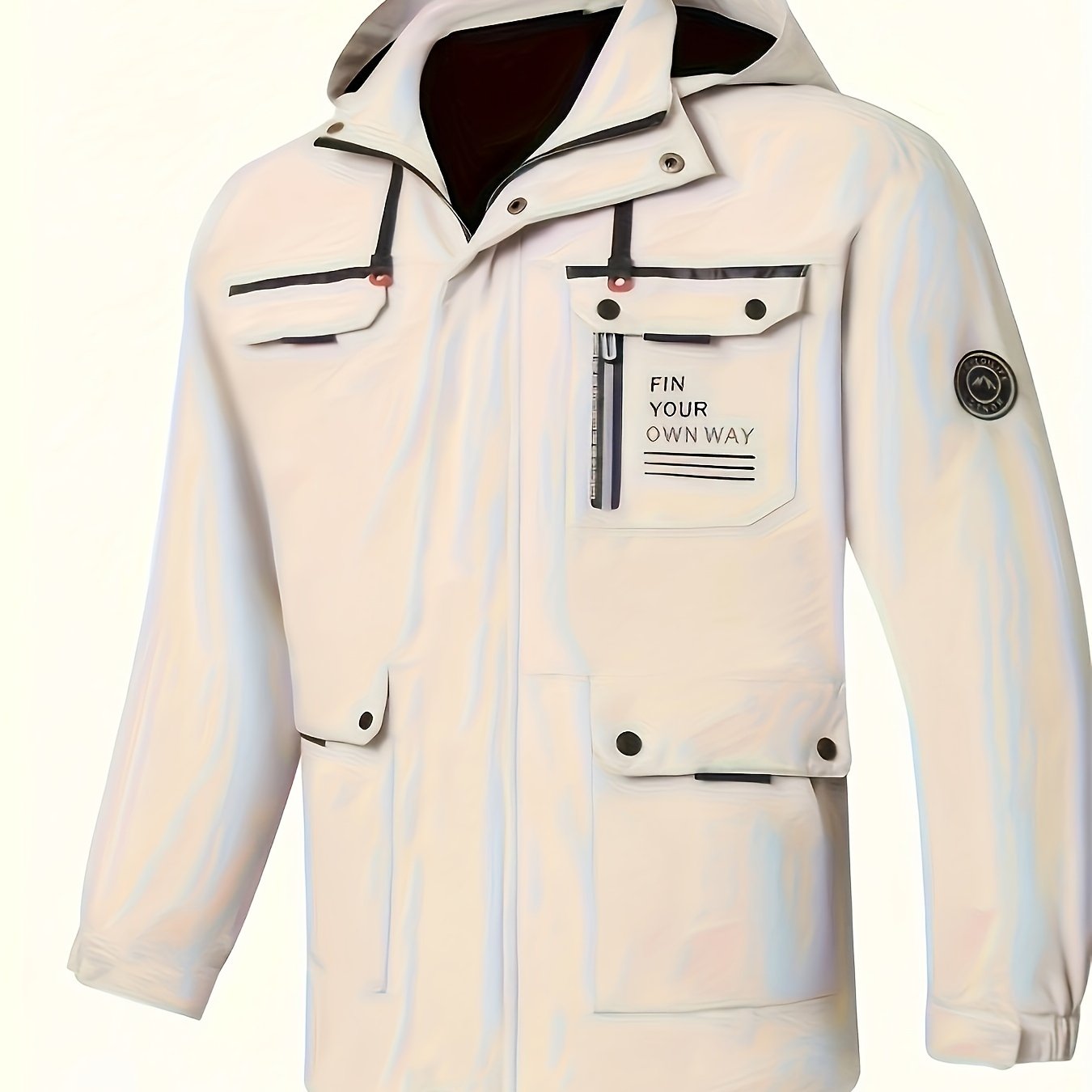 Men's White Hooded Parka Jacket with Zipper Closure and Multiple Pockets Plus Size for Fall Winter