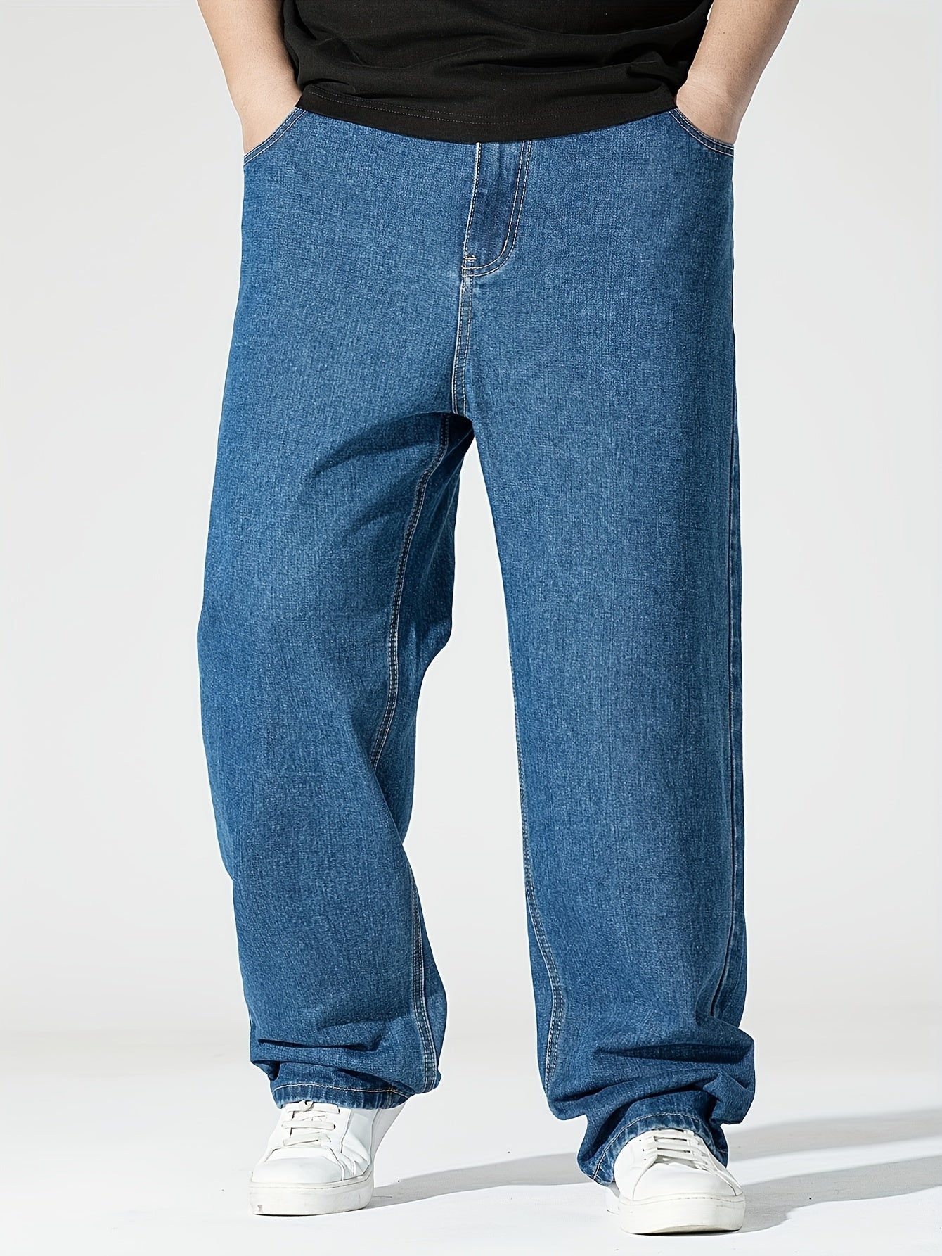 Men's Plus Size Elastic Waist Denim Jeans with Pockets Casual Woven Cotton Trousers