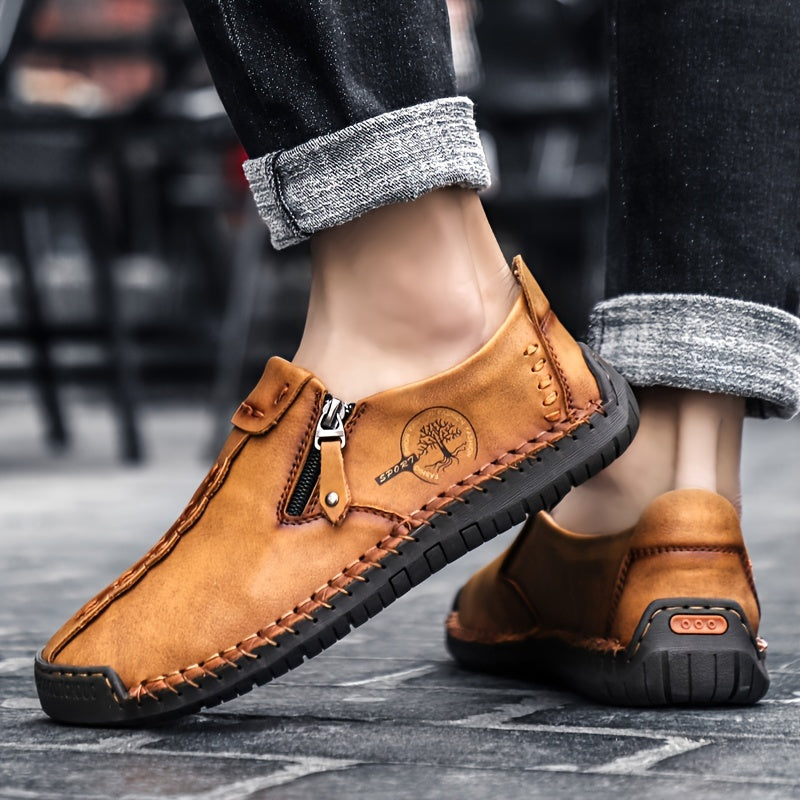 Men's Leather Zipper Loafers Slip-On Casual Shoes for Spring Summer Non-Slip Round Toe