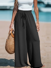 Women's Mustard Wide-Leg Pants Elastic Waist Casual Beachwear