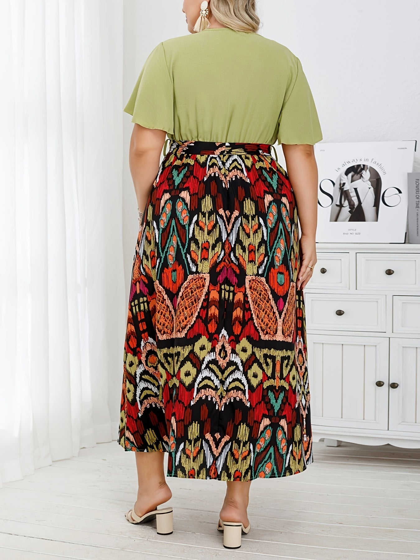 Plus Size Women's Ethnic Print Strappy Waist Dress Summer Fashion