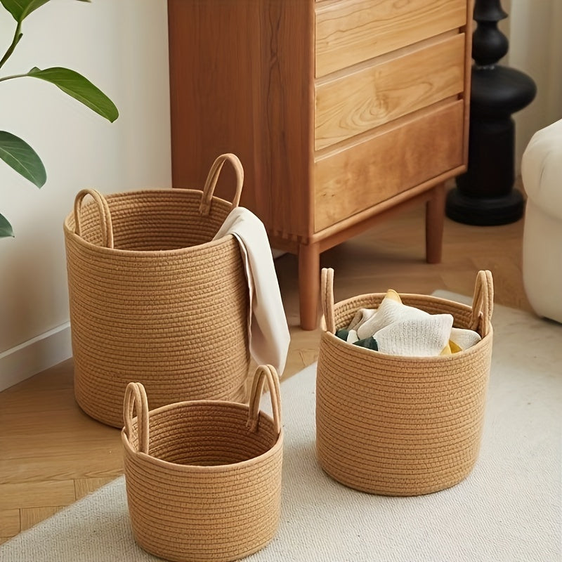 Large Capacity Rustic Cotton Rope Woven Laundry Basket with Handles