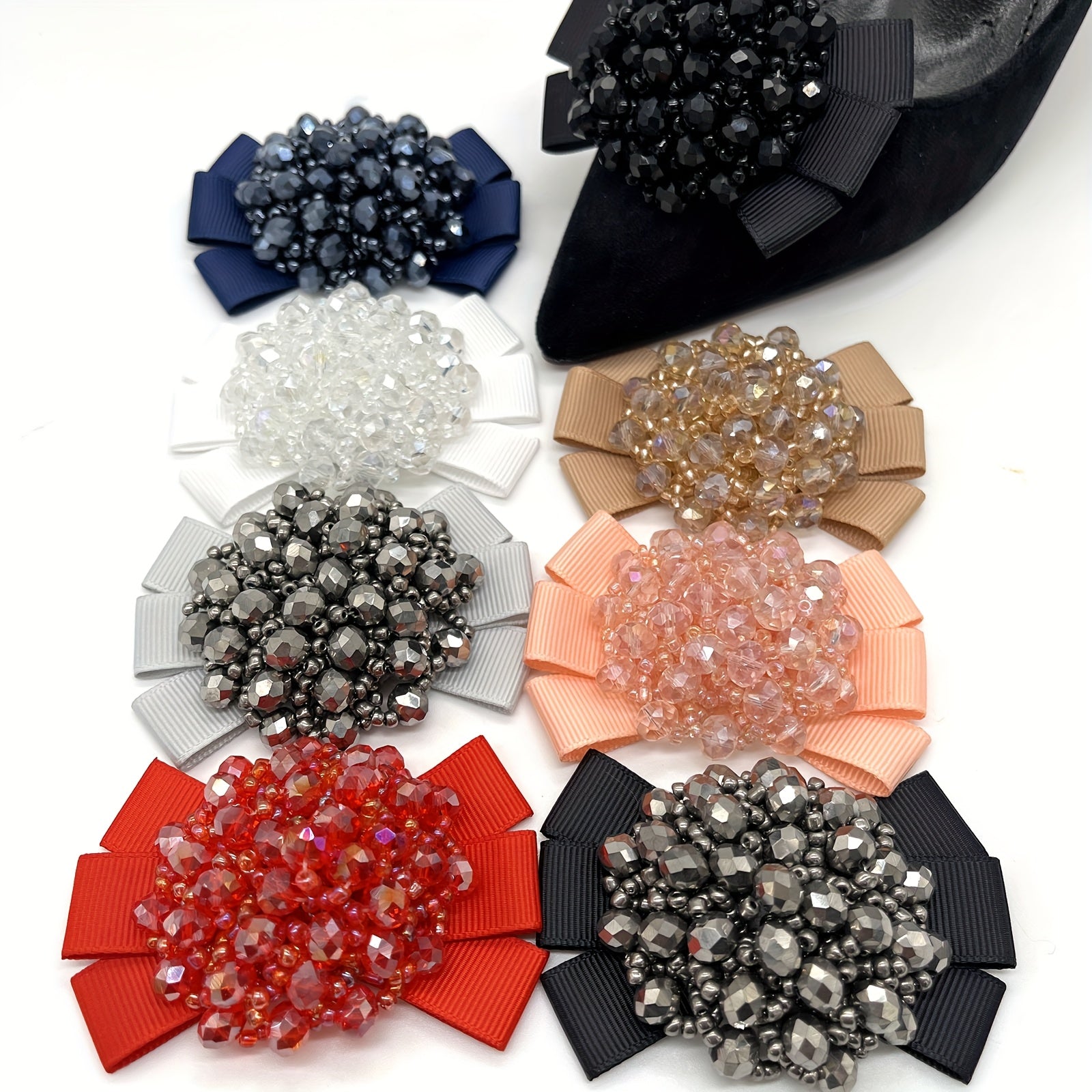 Women Beaded Bow Shoe Clips Detachable Sparkling Multicolor Shoe Accessories