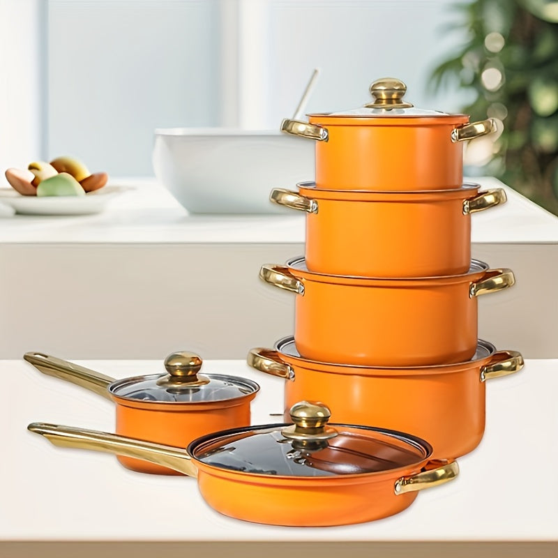 12-Piece Stainless Steel Cookware Set with Non-Stick Coating and Gold Handles