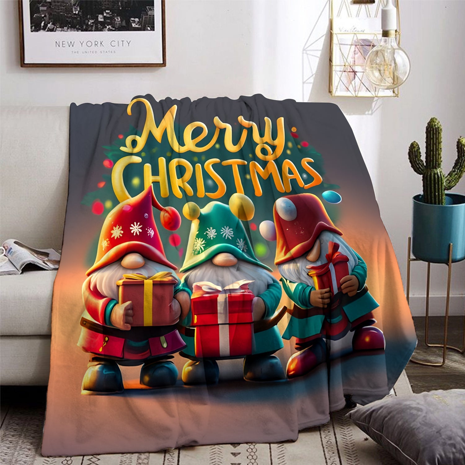 Printed Christmas Gnome Blanket for Sofa Bed Camping Light Polyester 200-250g