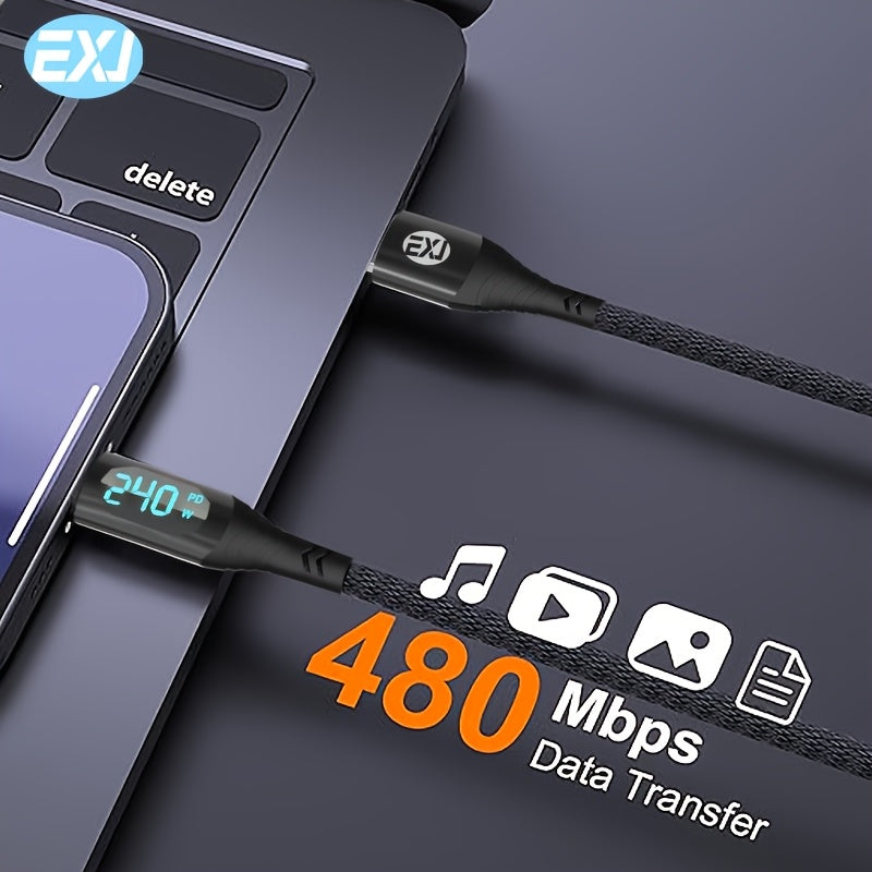 240W Type-C to C Fast Charging Cable with Digital Display Nylon Braid Compatible with iPhone Samsung Xiaomi Google Tablets and Phones