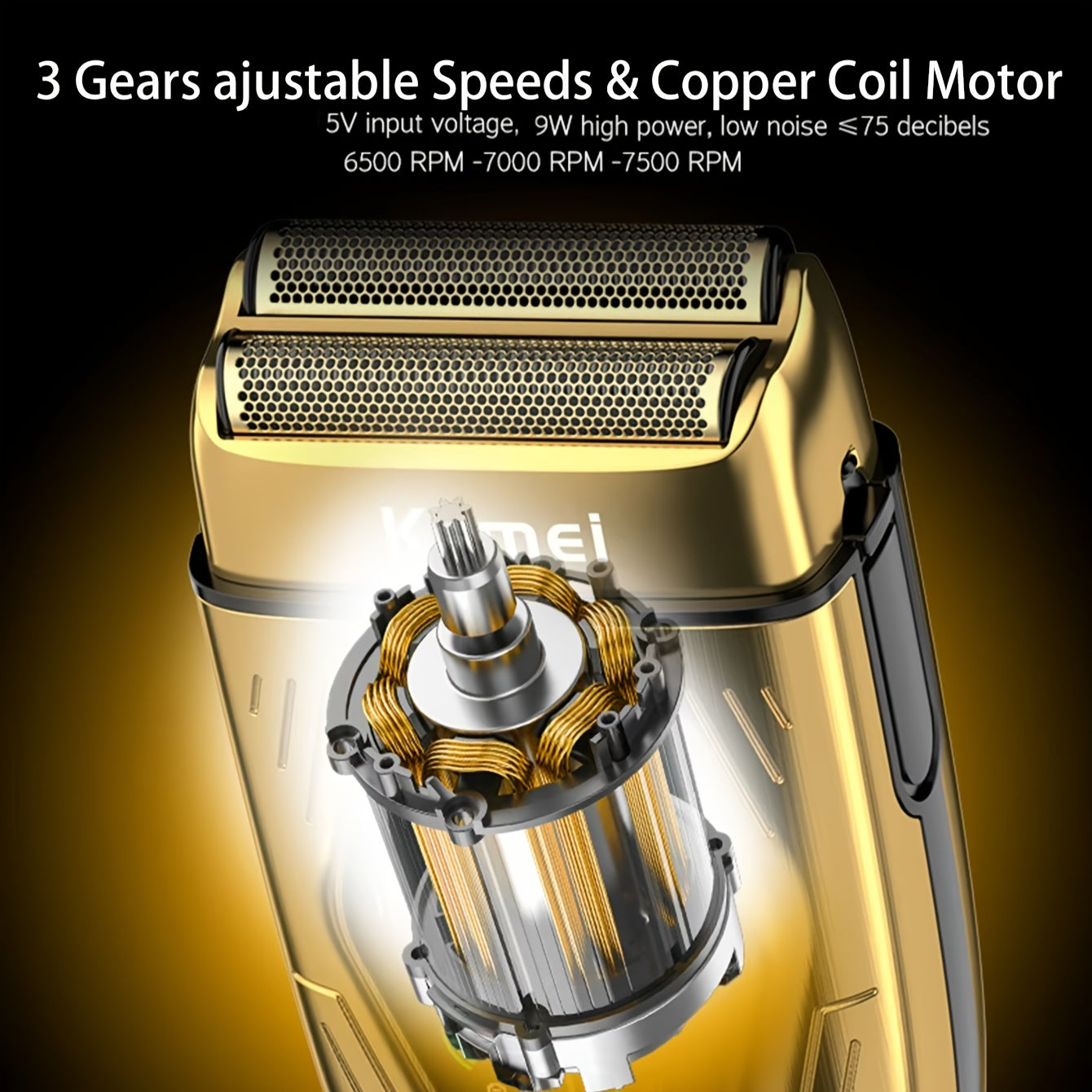 Afeitadora eléctrica para hombres con doble cabezal, carga rápida, larga duración de batería, elegante en negro y dorado