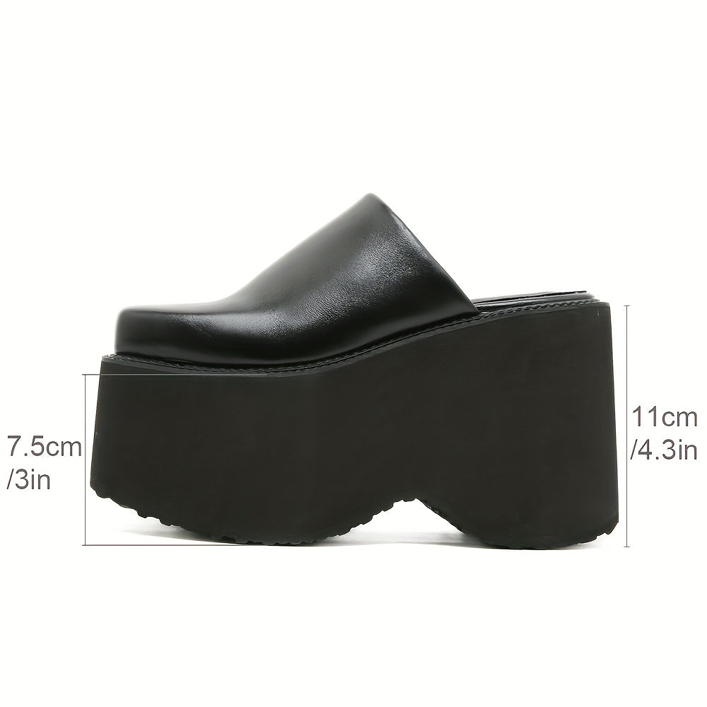 Women Black Square Toe Platform Mules Slip-On Loafers with Thick Heels
