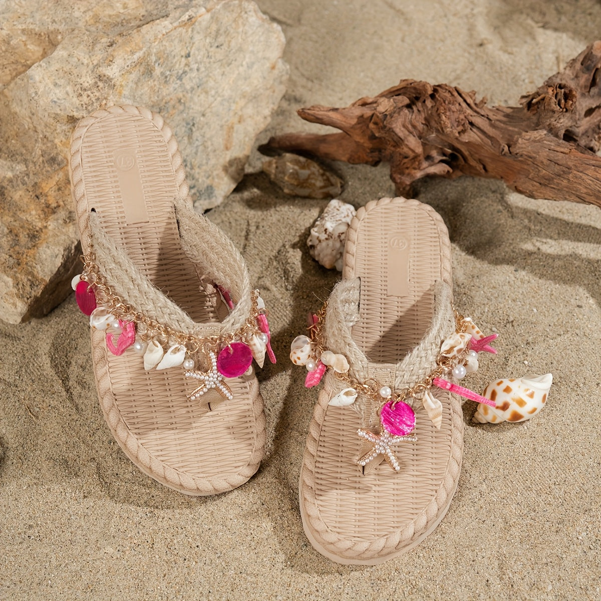 Women's Summer Flat Sandals Slip-On Open-Toe Beach Shoes with Bead Embellishments