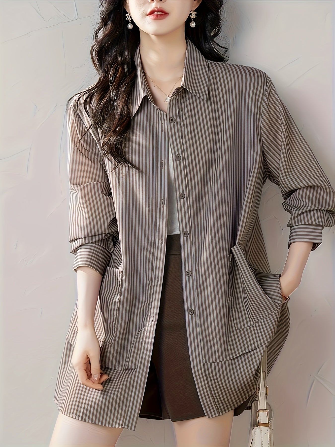 Women's Brown And White Striped Long Sleeve Casual Shirt