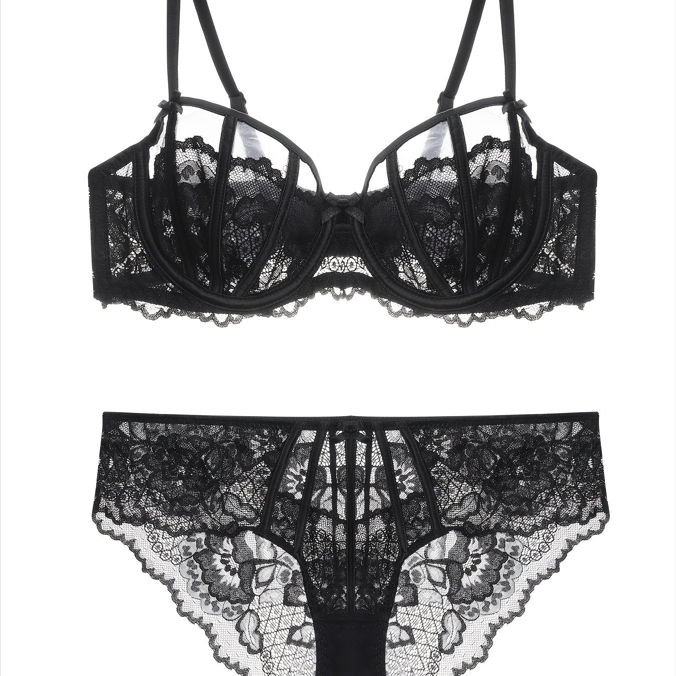Women's Floral Lace Unlined Bra and Bow Panties Set