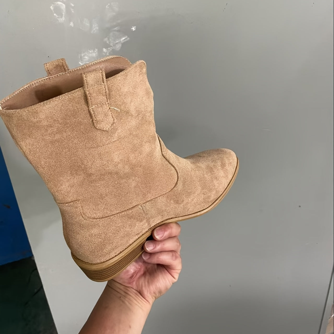 Women's Beige Slip-On Ankle Boots with Pointed Toe and Block Heel