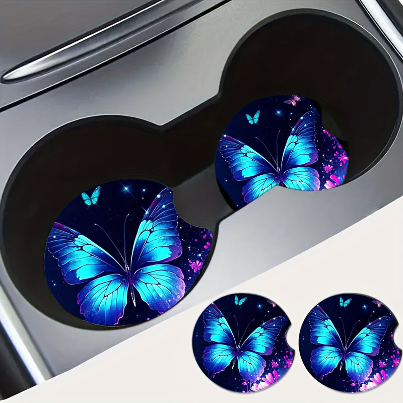 2pcs Flower Sea Blue Butterfly Car Cup Holder Cushions Non-slip Neoprene