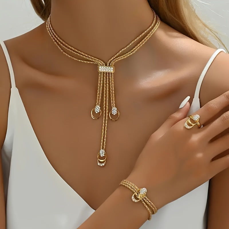 Boho Gold Plated Jewelry Set Necklace Earrings Bracelet Ring for Weddings Parties
