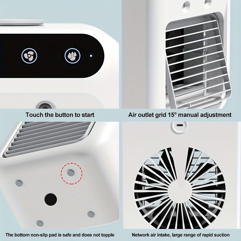 Kichik stol fanati va 2 shamol tezligiga ega, 500ml suv tanki, USB zaryadlash imkoniyatiga ega portativ evaporativ sovutgich. Stol, uy, yotoqxona uchun ideal. Oq rang.