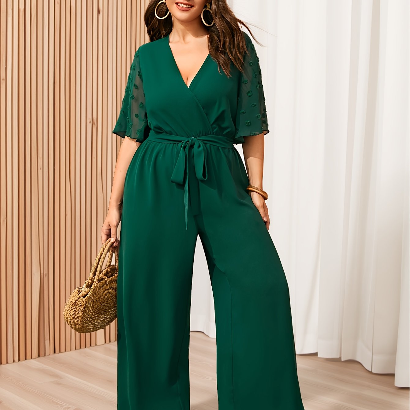 Plus Size Women's Breathable Cross Neck Jumpsuit Solid Color Summer Wide-Leg