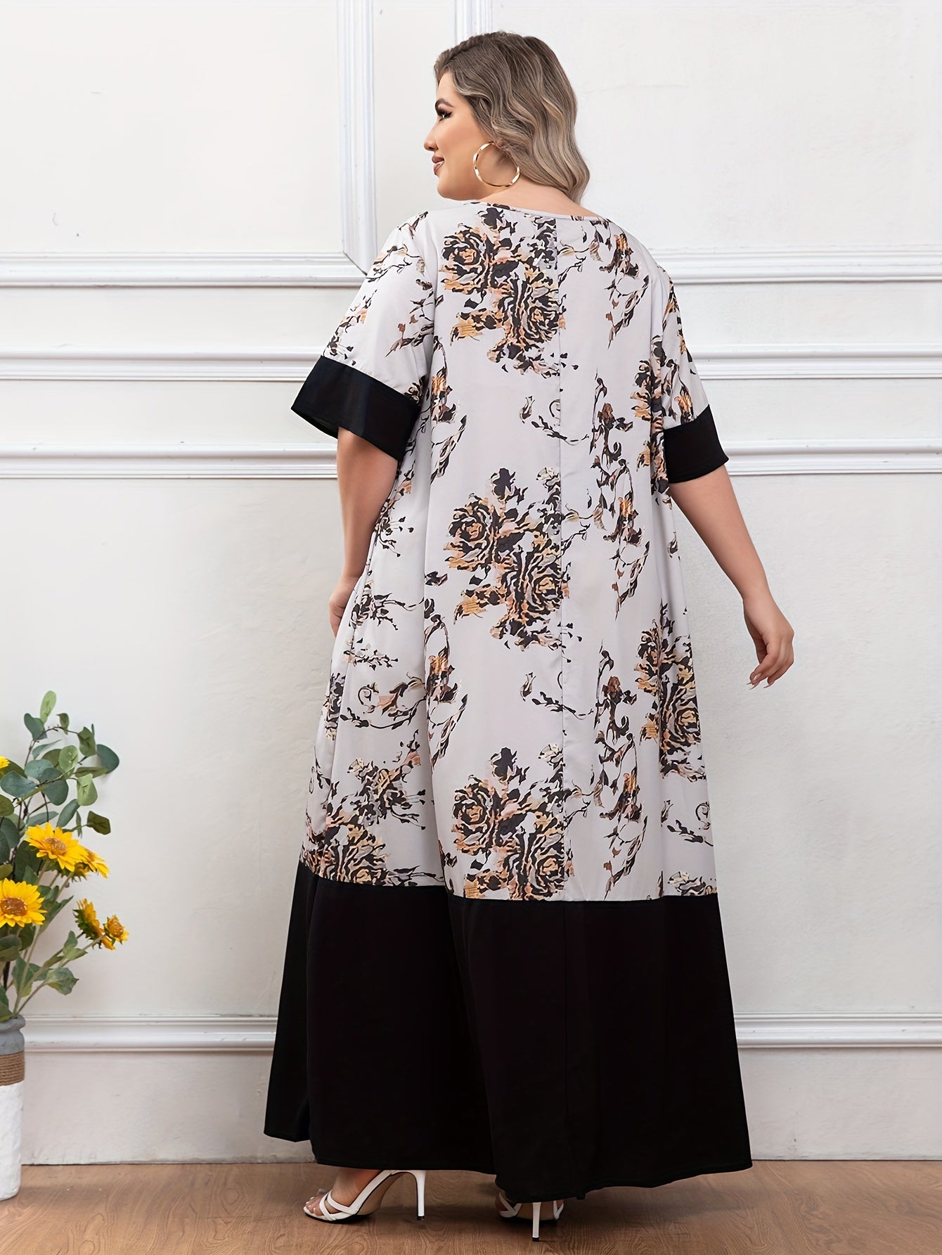 Plus Size Floral Print Dress Short Sleeve Crew Neck Longline Summer Women's Clothing