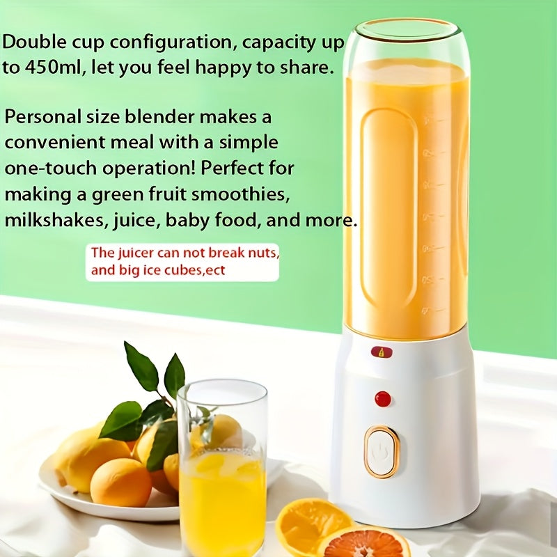 Portable USB Rechargeable Fruit Juicer 15.22oz Mini Blender with Dual Cups Detachable Food Grade PP