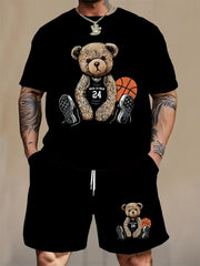 Plus Size Men's Bear Graphic T-Shirt and Shorts Set for Summer Outdoor Sports