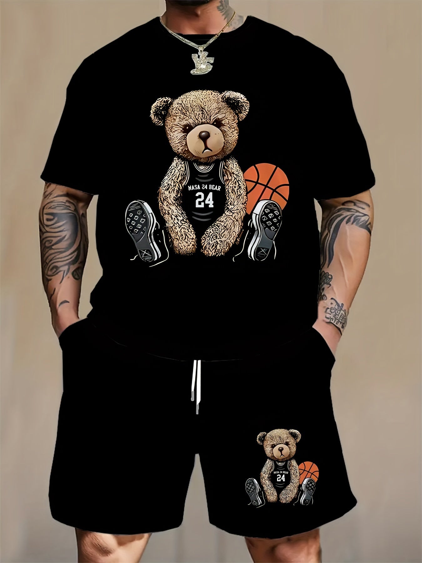Plus Size Men's Bear Graphic T-Shirt and Shorts Set for Summer Outdoor Sports