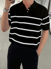 Camisa de punto casual de rayas para hombre, manga corta, ligera, verano, mezcla de viscosa y poliéster, blanco y negro