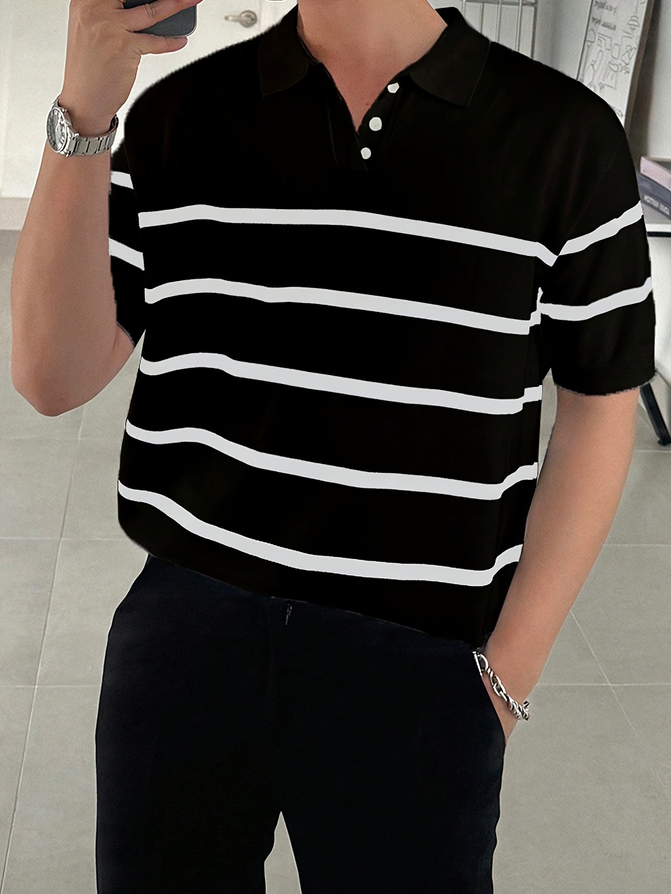 Camisa de punto casual de rayas para hombre, manga corta, ligera, verano, mezcla de viscosa y poliéster, blanco y negro