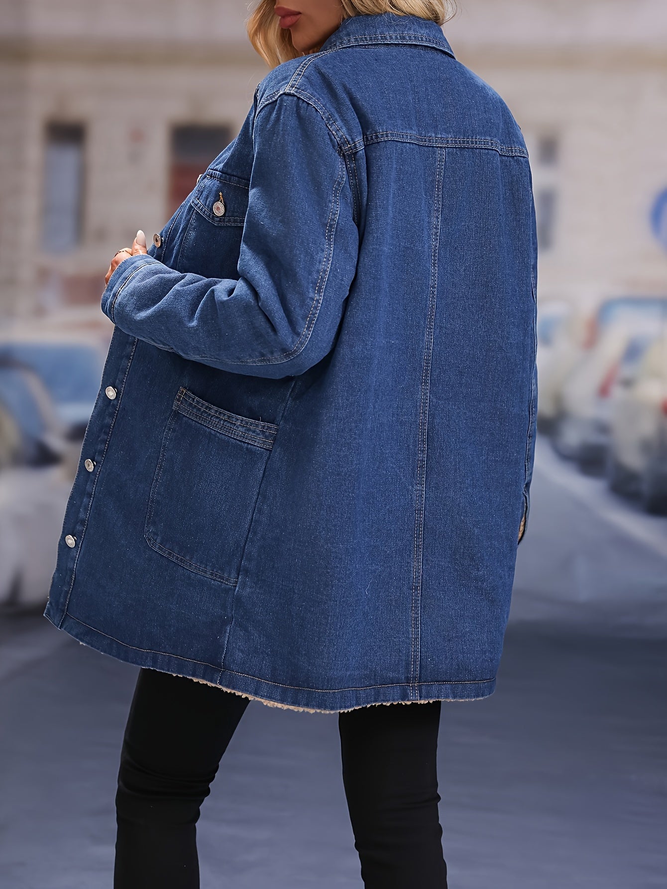Women's Plus Size Fleece-Lined Denim Jacket Solid Color Fall Outerwear